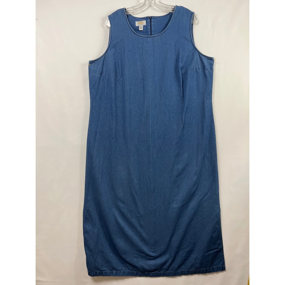 Talbots Denim Maxi Dress Women 18W Blue Sleeveless Cotton Side Slit Shift